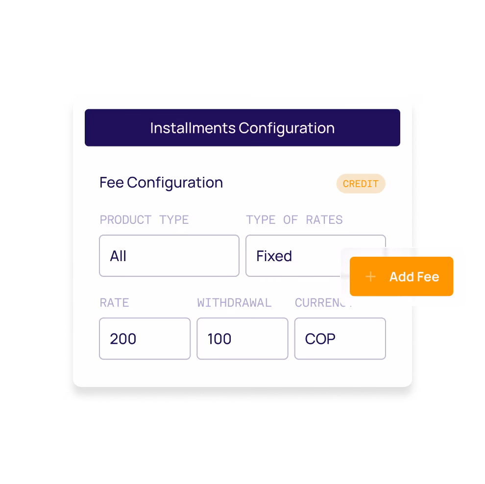 Merchant engine dashboard showing fee configuration and pricing rules